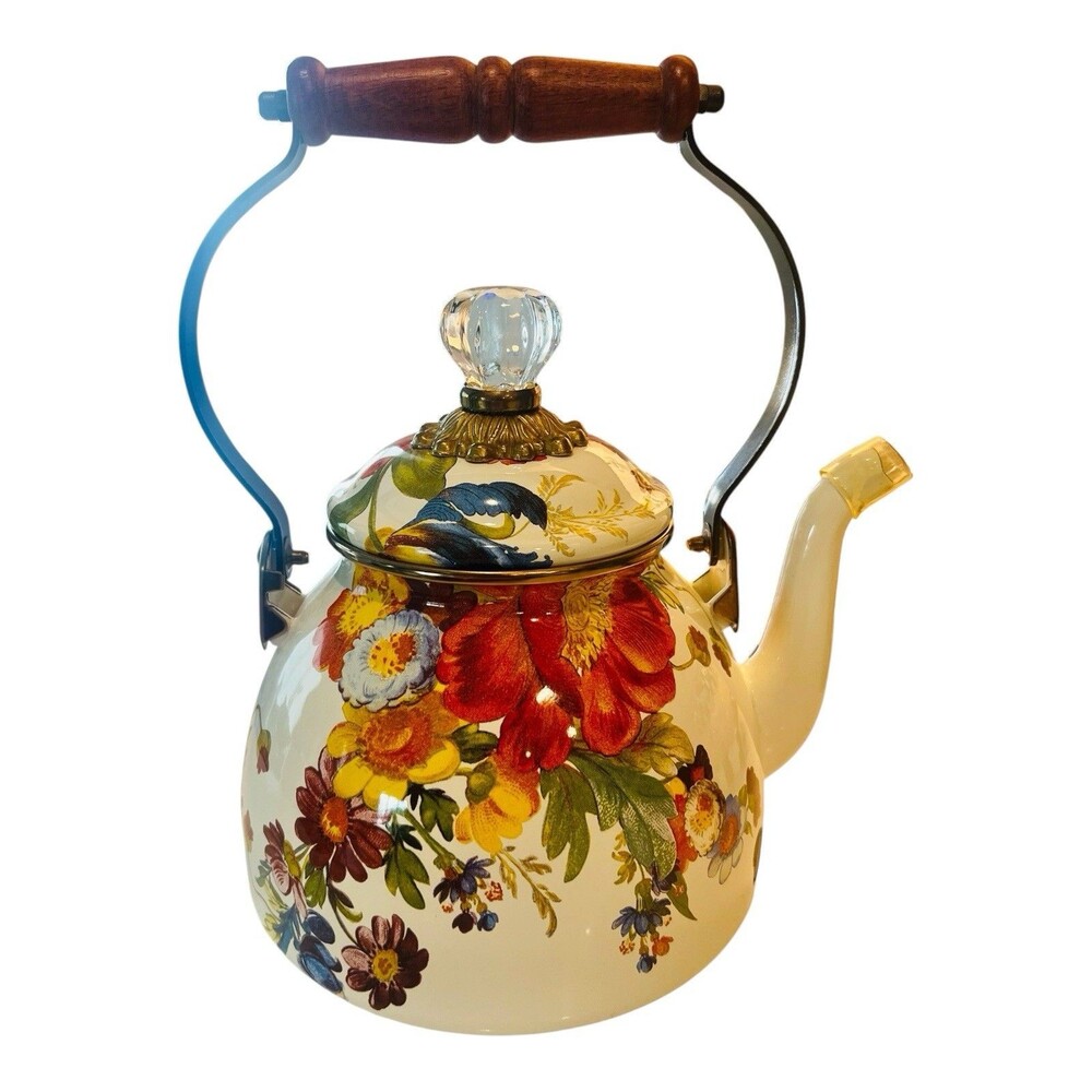 Mackenzie Childs Enamel White Flower Market 2 Quart Tea Pot Kettle - Picture 4 of 6